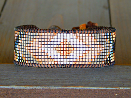 Rose Gold and Gray Bead Loom Woven Leather Cuff Bracelet