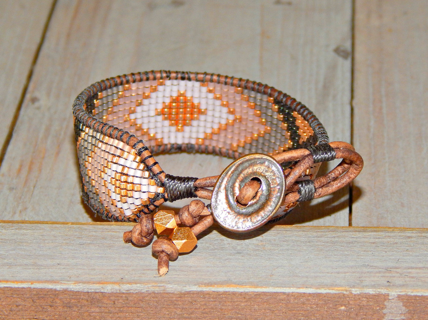 Rose Gold and Gray Bead Loom Woven Leather Cuff Bracelet