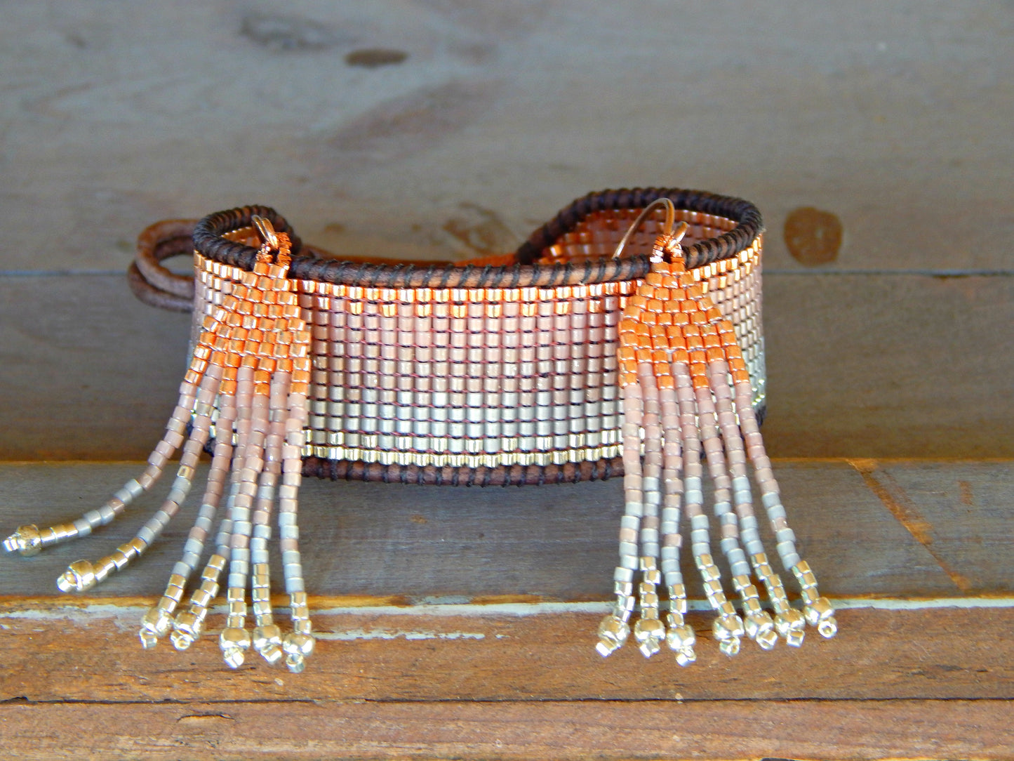 Ombre Copper to Silver tone Hand Beaded Cuff Bracelet