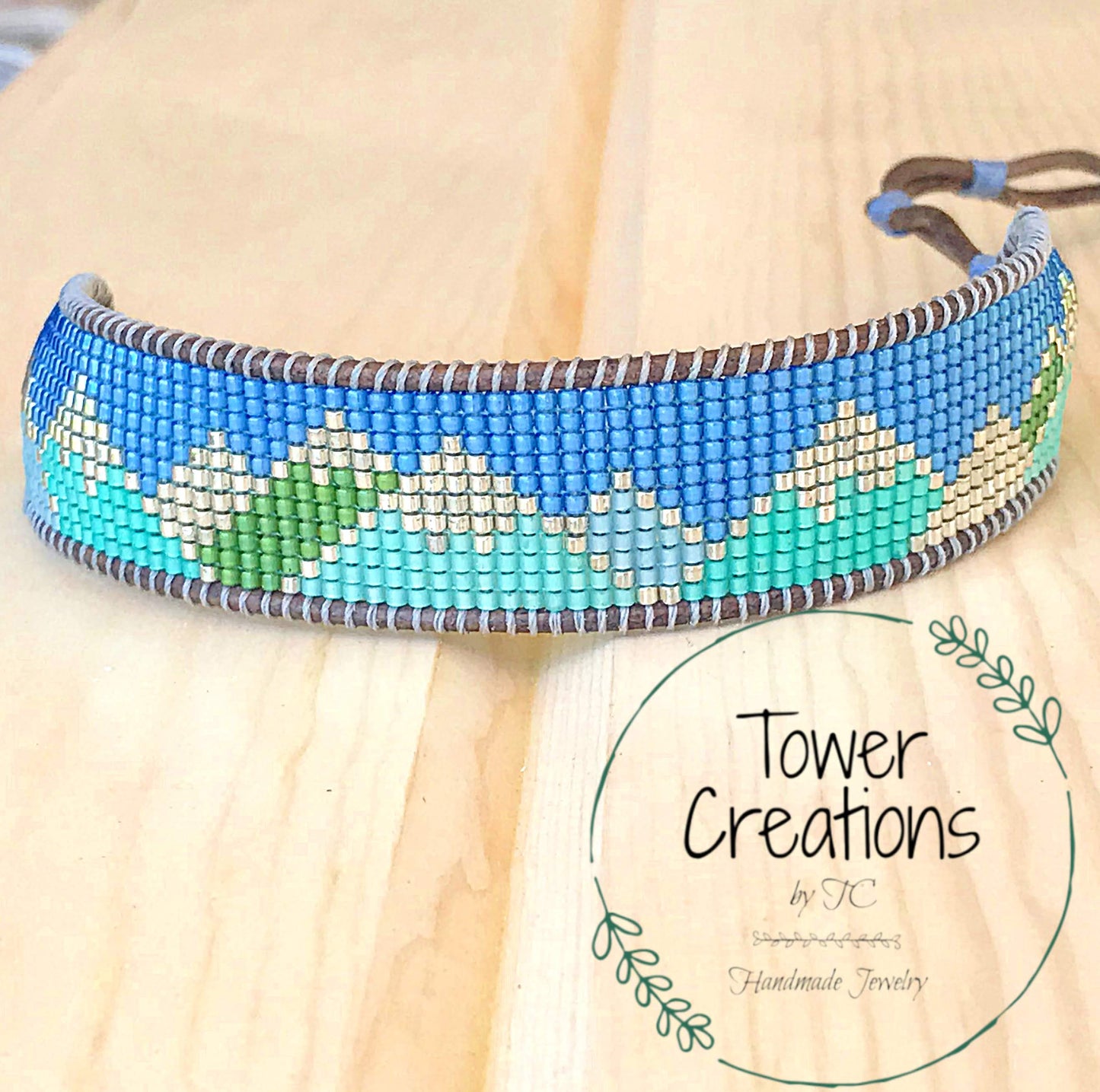 Abstract Mountain Bead Woven Loom Leather Bracelet