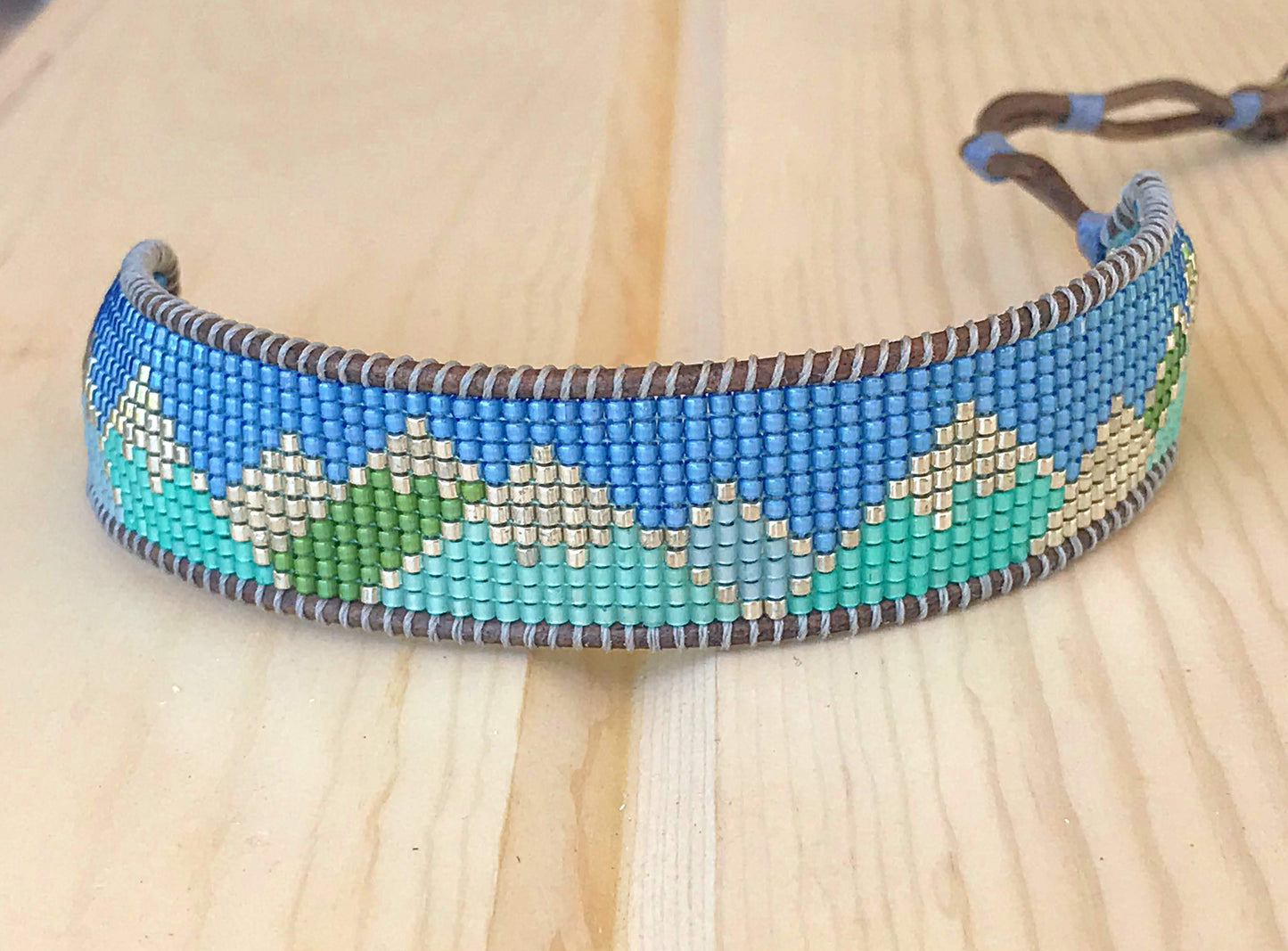 Abstract Mountain Bead Woven Loom Leather Bracelet