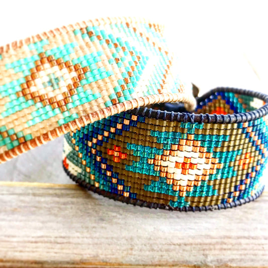 Aqua and Seafoam Beach Tribal Loom Leather Cuff Bracelet