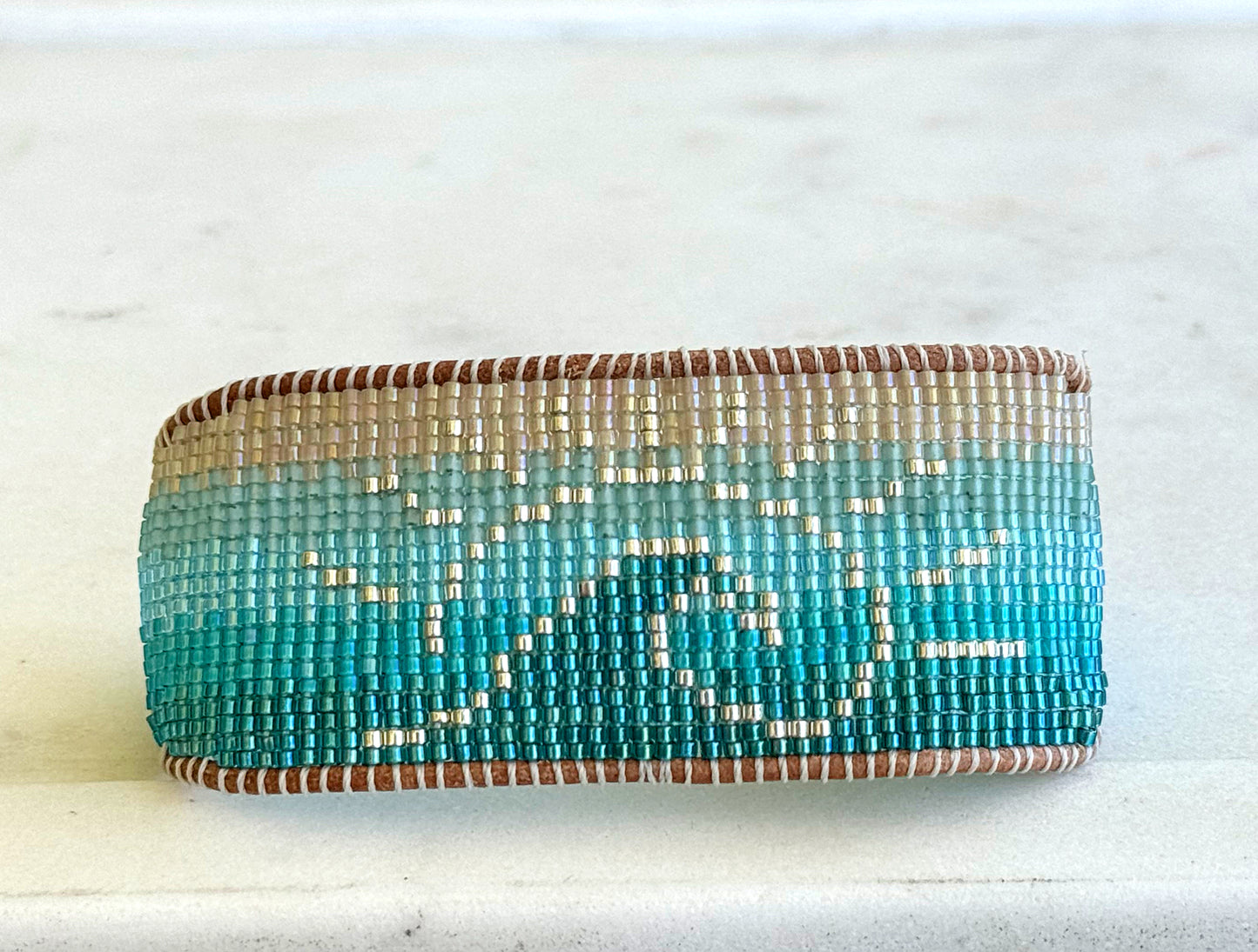 Beachy Wave and Sun Blue Faded Bead Loom Woven Slide Adjustable Bracelet