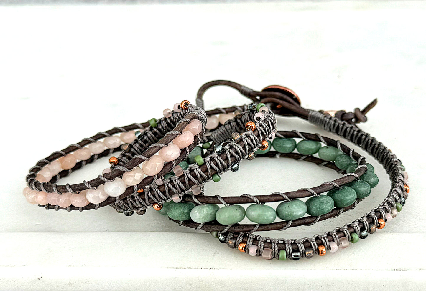 Gray, Blush Quartz, Jade, and Rose Gold Beaded Leather Wrap Bracelet