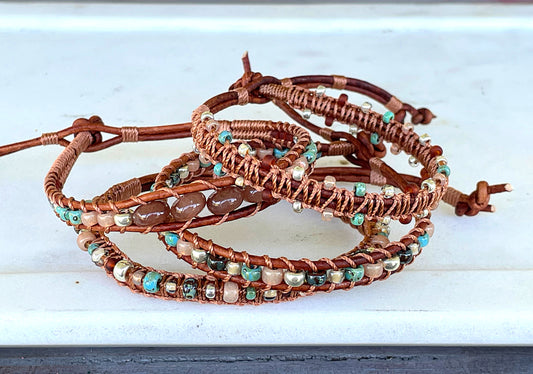 Earthy Tan Turquoise and Silver Western Geometric Loom and Macrame Bracelet stack set