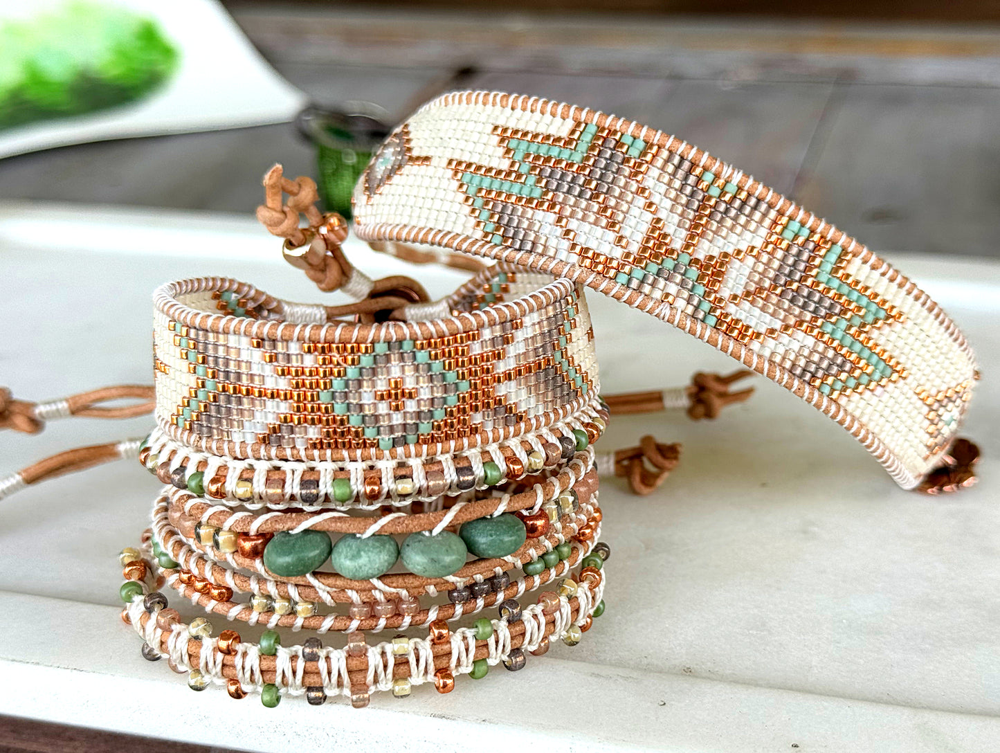 Jade and neutral Sage and Copper Beaded Macrame Bracelet Set