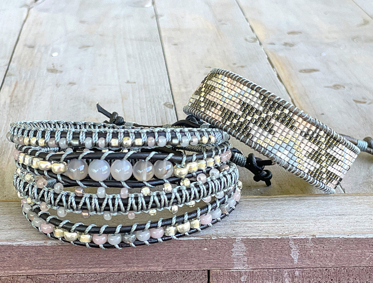 Neutral Gray, Beige and Silver Beaded Macrame Bracelet Set