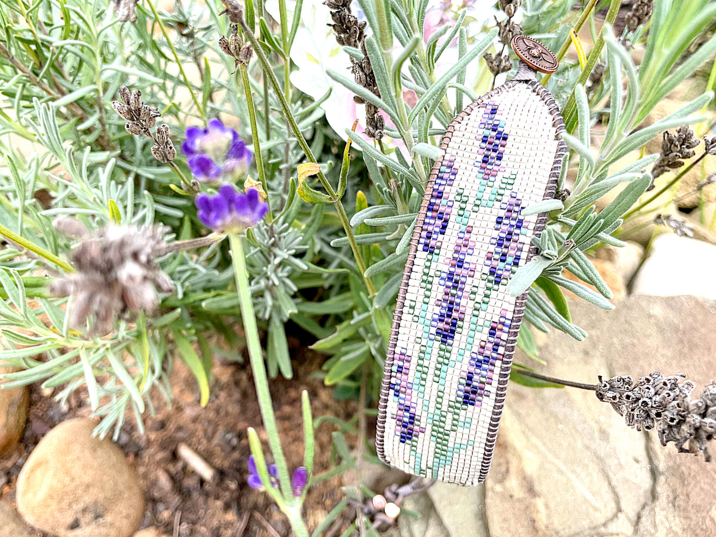 Lavender Floral Bead Loom Woven Bracelet with Leather Trim