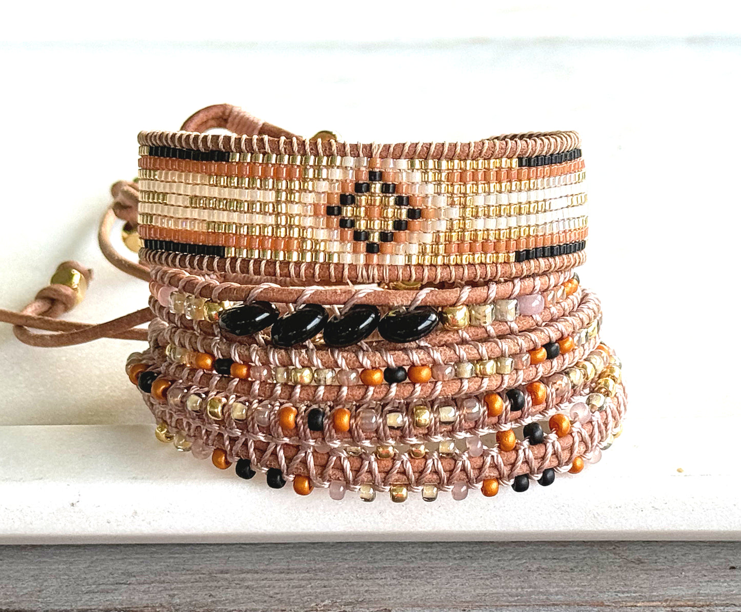 Black, Honey Tan, and Gold starburst Western Geometric Loom and Macrame Bracelet stack set