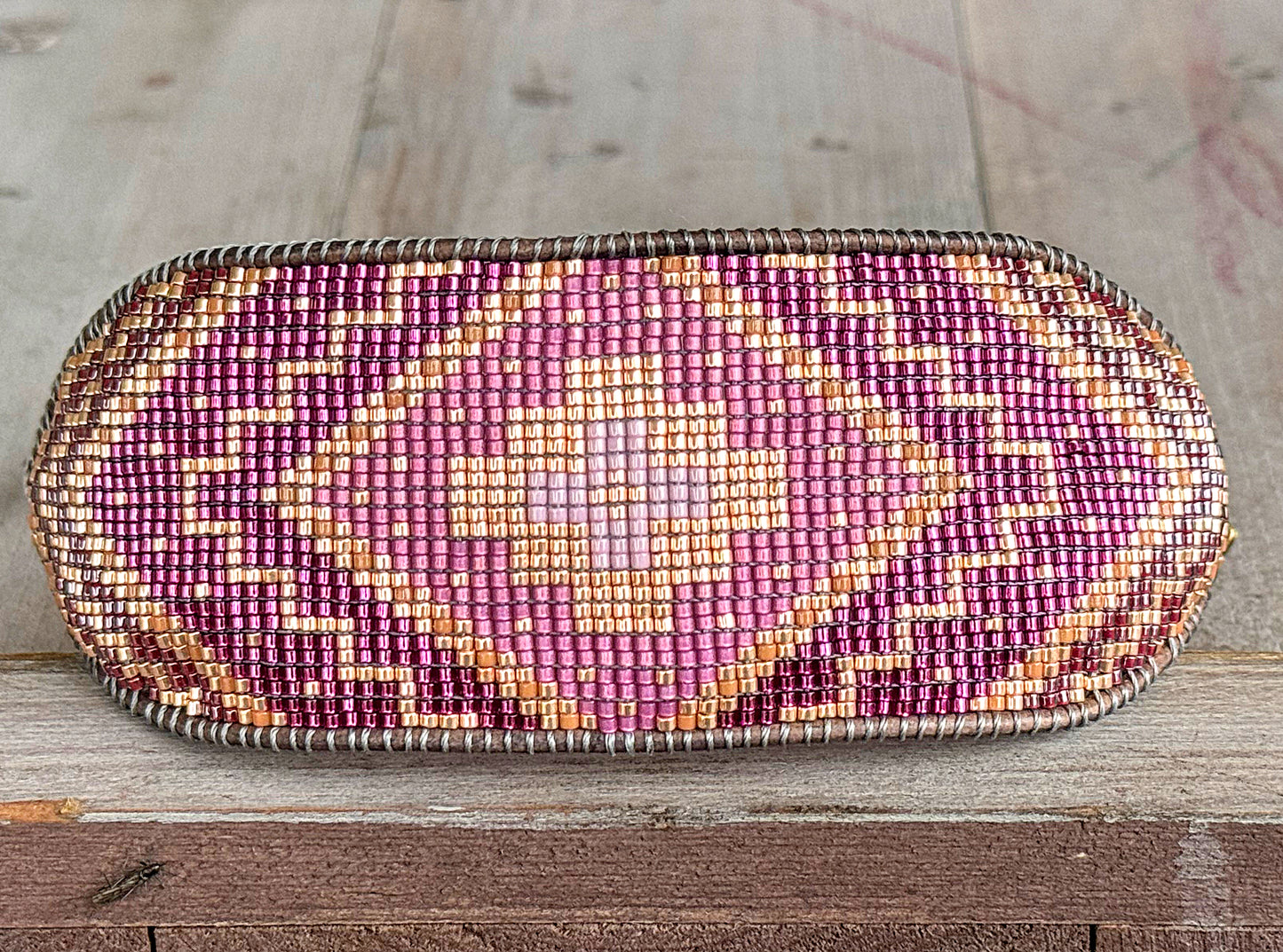 Pink Peony, Plum, and Gold Wide Western Bead Loom Cuff Bracelet