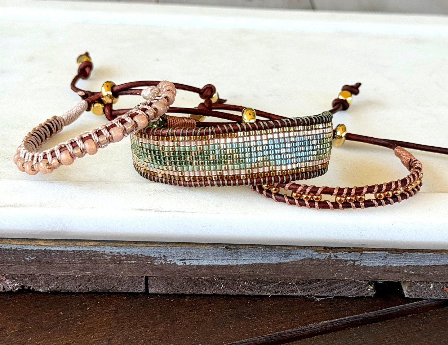 Gold, Green, and Tan Western bead loom woven adjustable leather bracelet