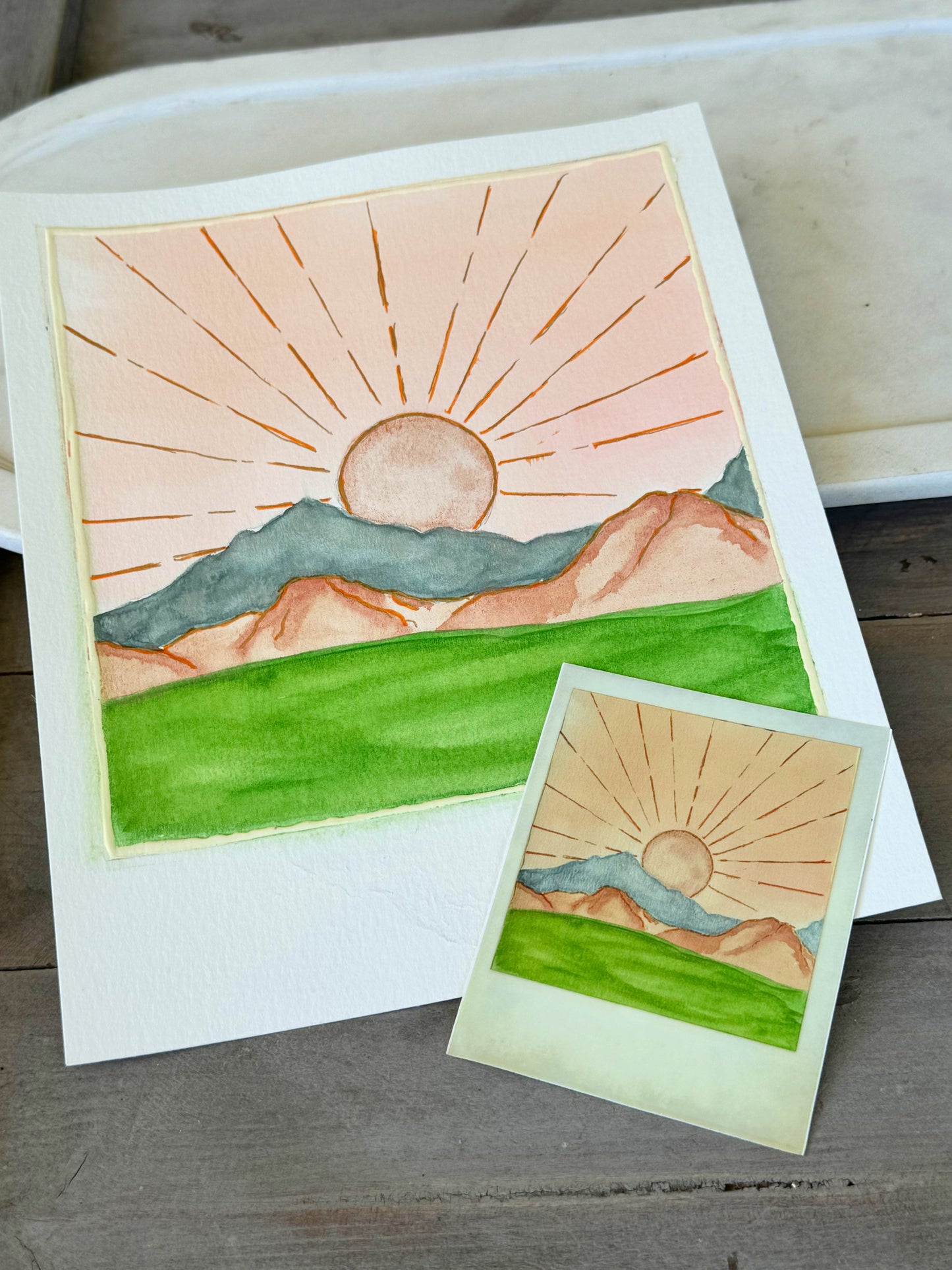 Western sunrise Polaroid style Watercolor Landscape waterproof vinyl decal