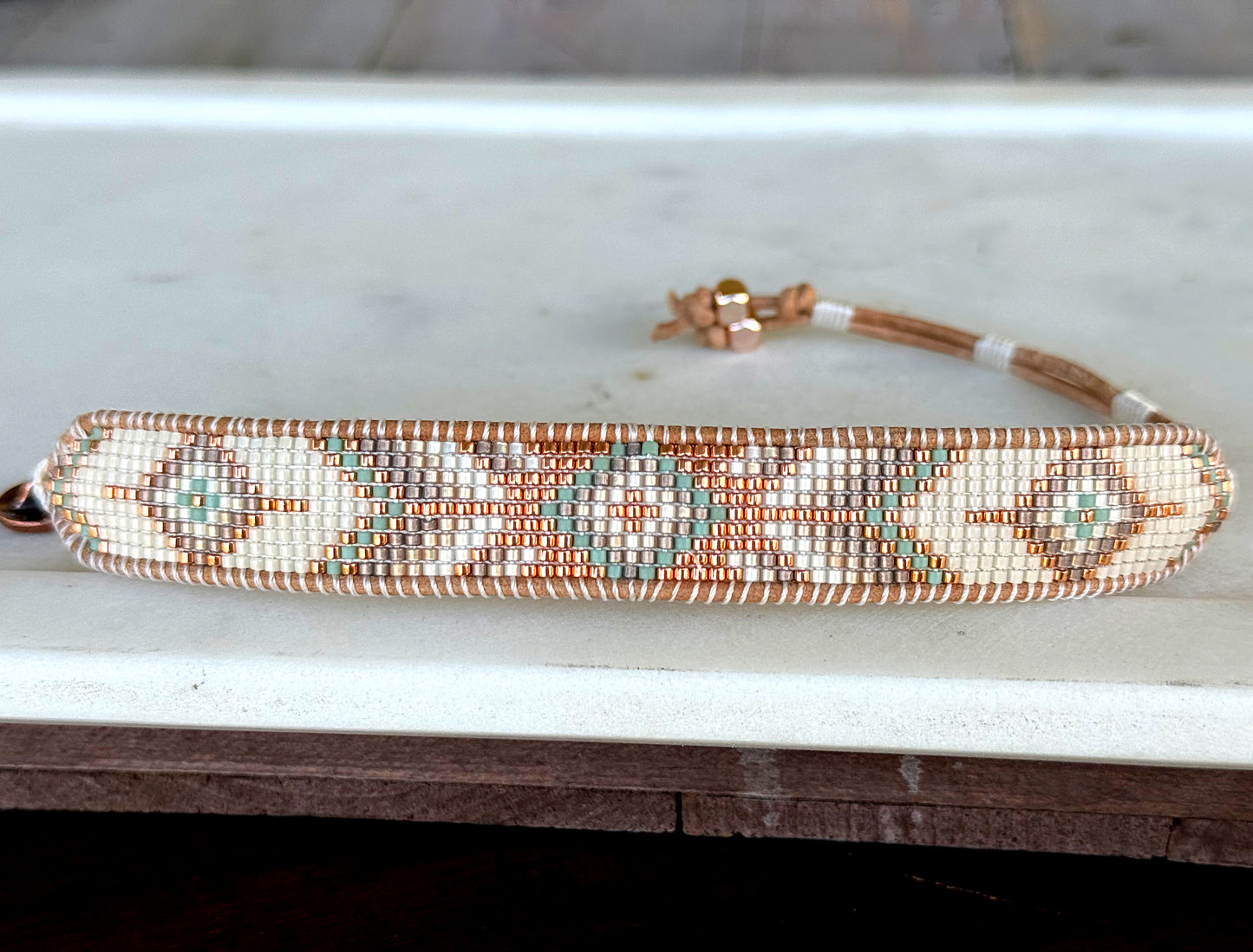Sage, Neutral, and Copper Small Starburst Bead Loom Woven Bracelet