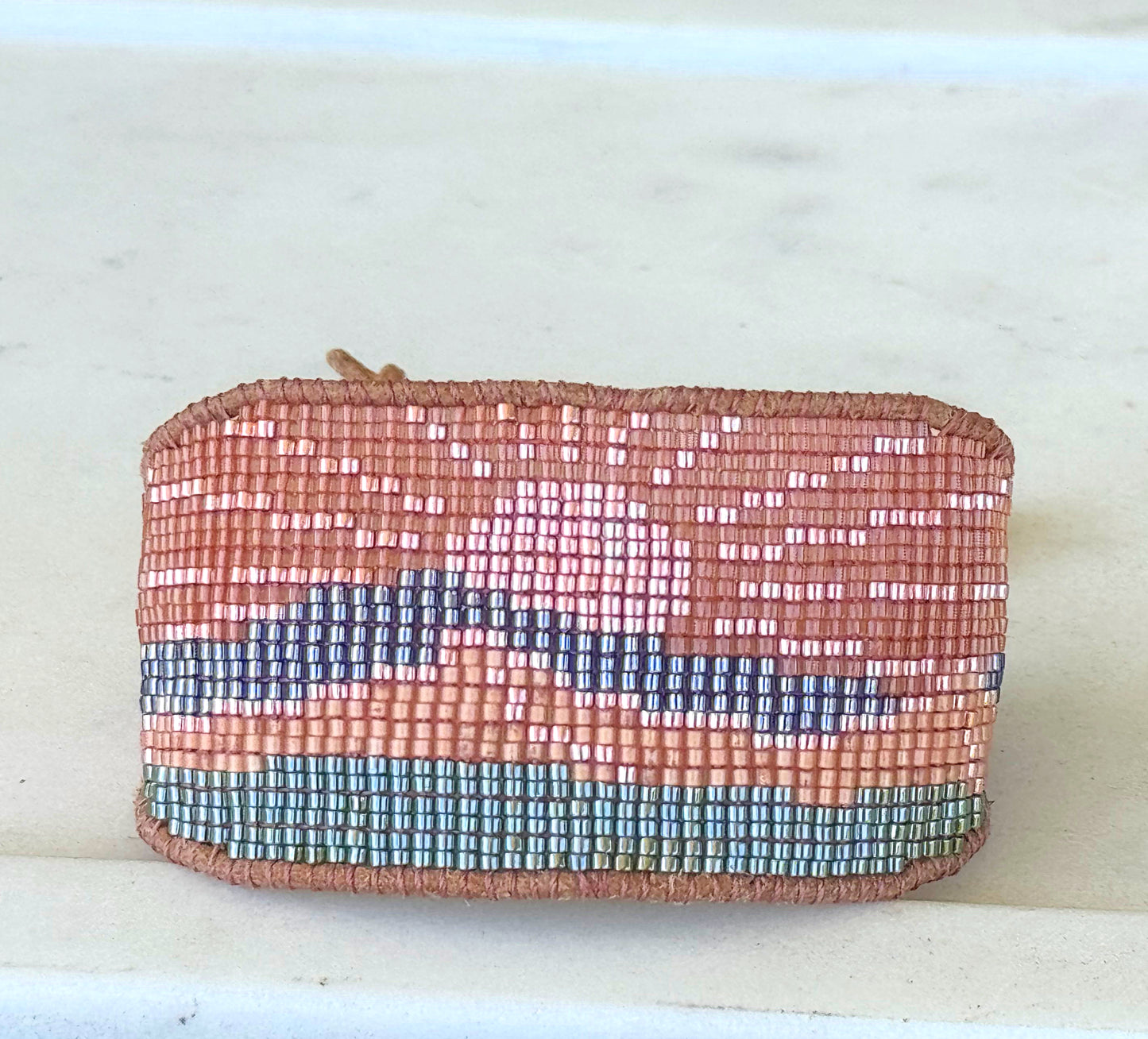 Western Sunrise Bead Loom Woven American Landscape Leather trimmed, adjustable bracelet