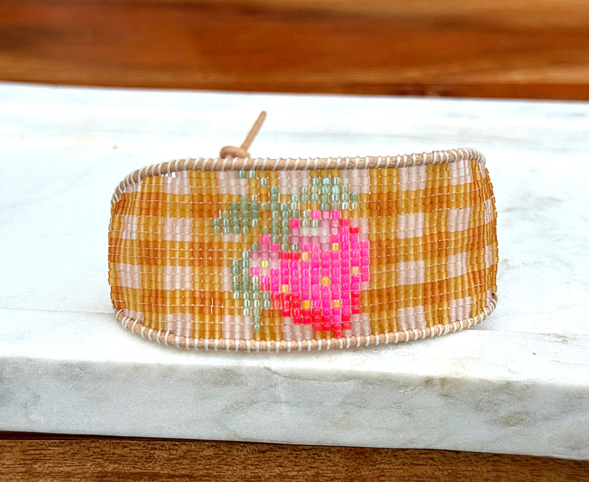 Strawberry Bead Loom Woven bracelet with yellow gingham