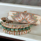 Sage, Ivory, Copper Starburst beaded loom woven bracelet trimmed with leather