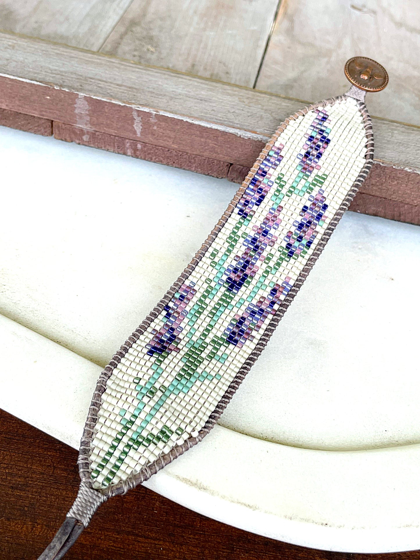 Lavender Floral Bead Loom Woven Bracelet with Leather Trim