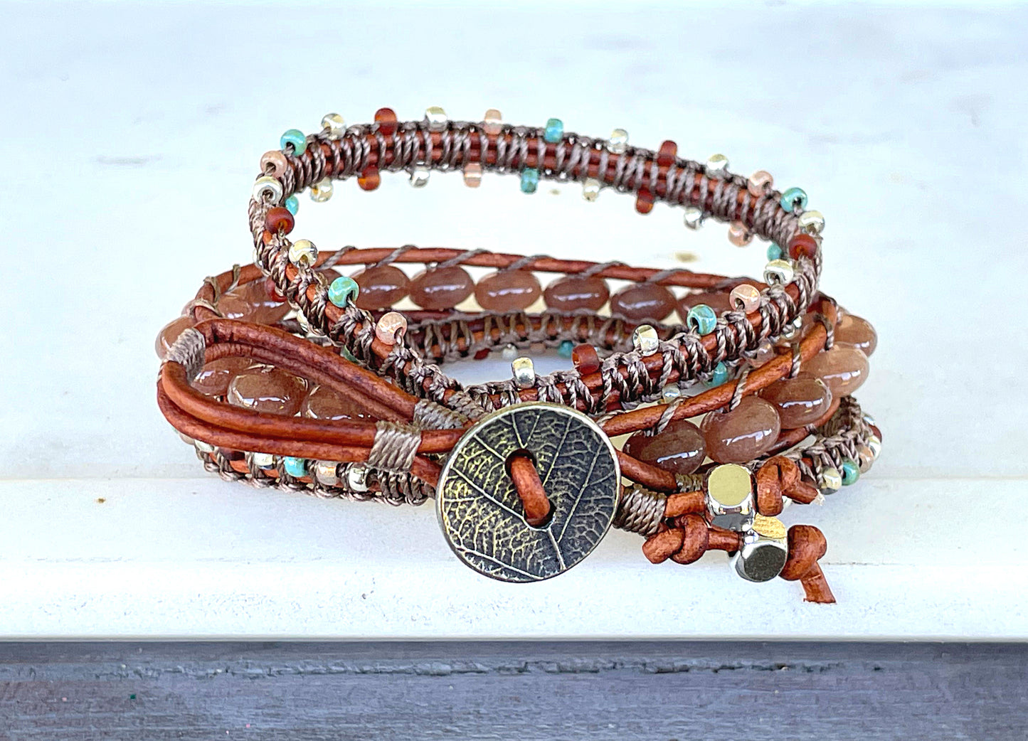 Smoky Quartz Tan, turquoise and silver macrame 3 wrap bracelet