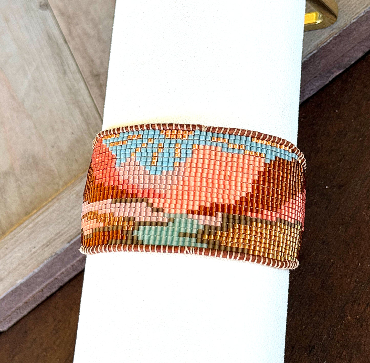 Red Rocks Western Grand Canyon Bead Loom Woven Bracelet Slide adjustable Clasp and Leather Trim