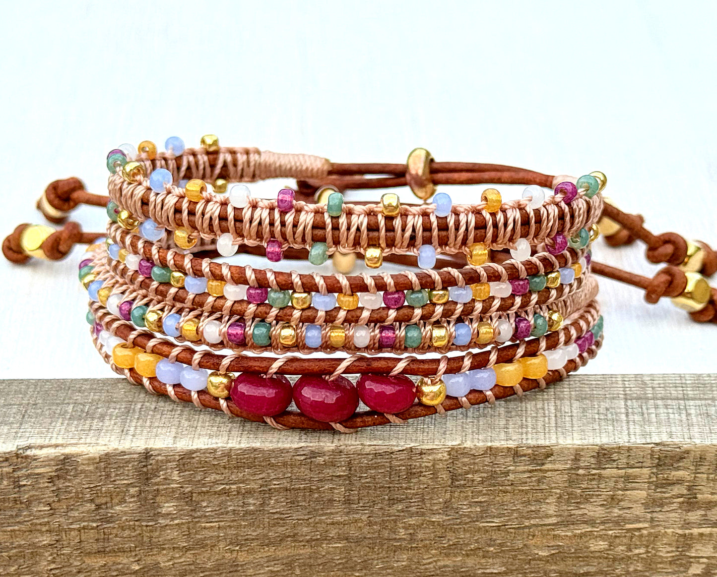 Wildflower mix glass bead Macrame Adjustable Leather Bracelet