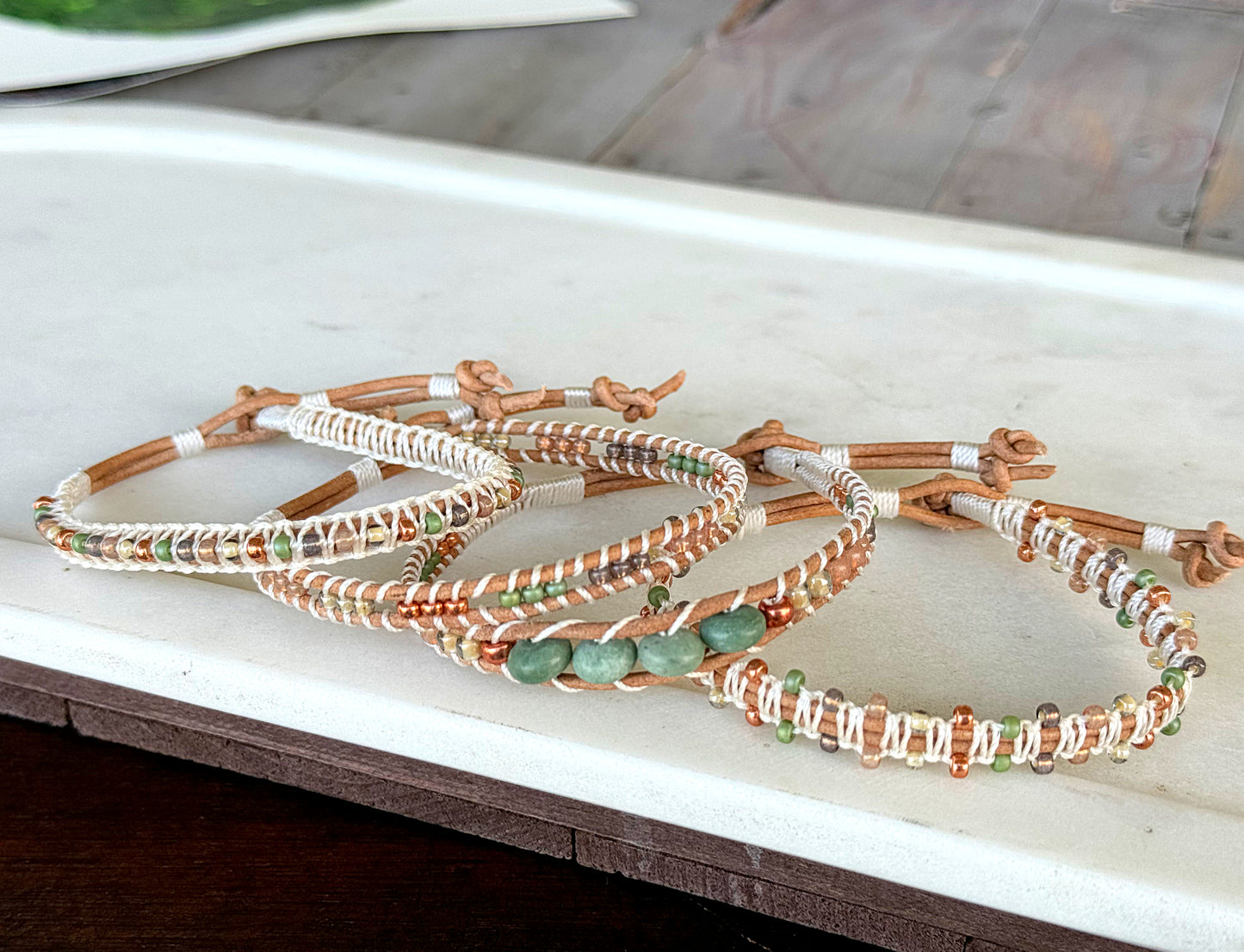 Sage, neutral, and copper starburst Western Geometric Loom and Macrame Bracelet stack set