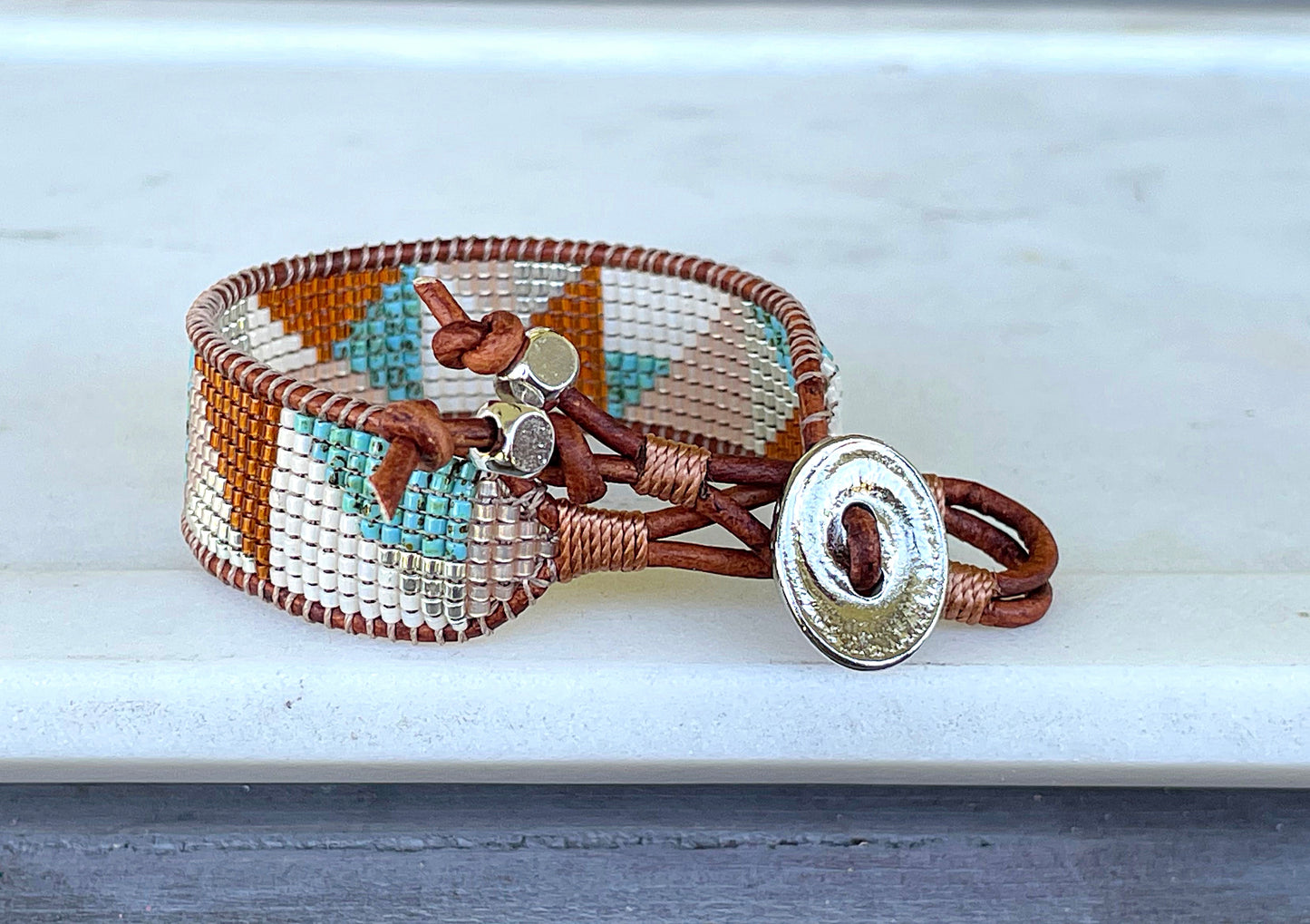 Earthy Tan Turquoise and Silver Western Geometric Loom and Macrame Bracelet stack set