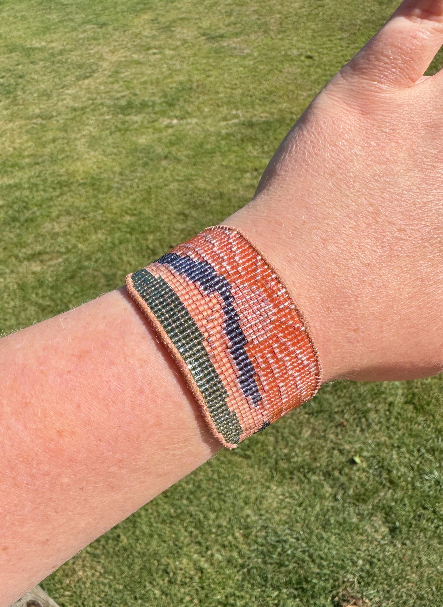 Western Sunrise Bead Loom Woven American Landscape Leather trimmed, adjustable bracelet