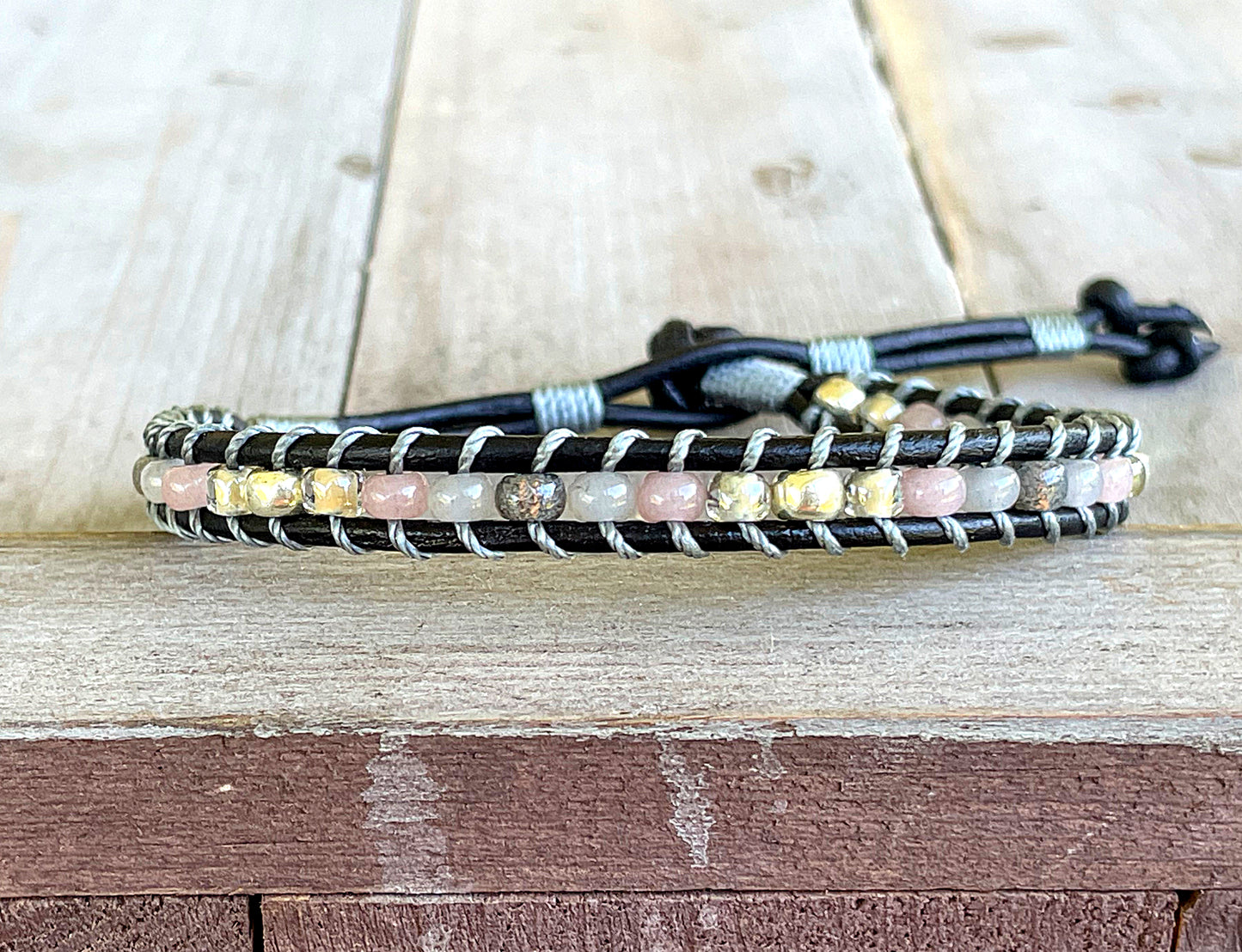 Neutral Gray, Beige and Silver Beaded Macrame Bracelet Set