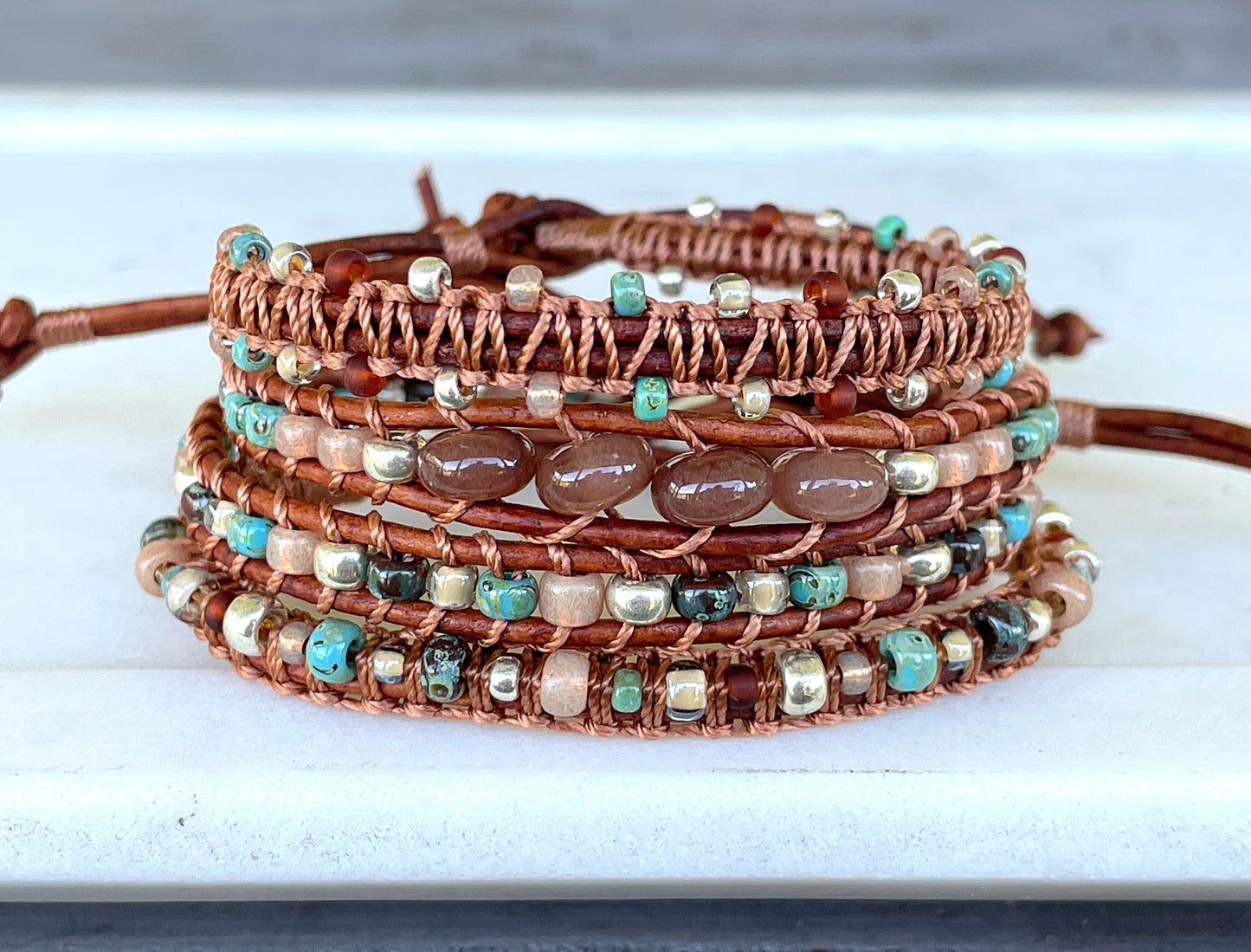 Earthy Tan Turquoise and Silver Beaded Macrame Bracelet Set