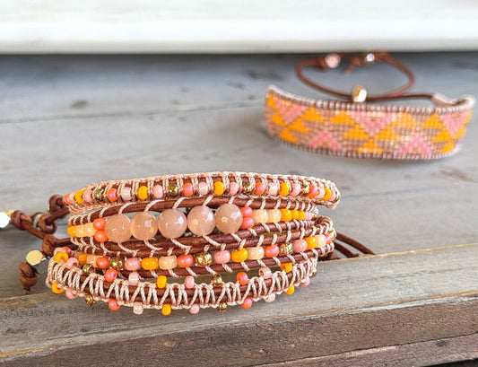 Sunstone, sunshine, peach fuzz, coral and glass bead Adjustable Leather Bracelet