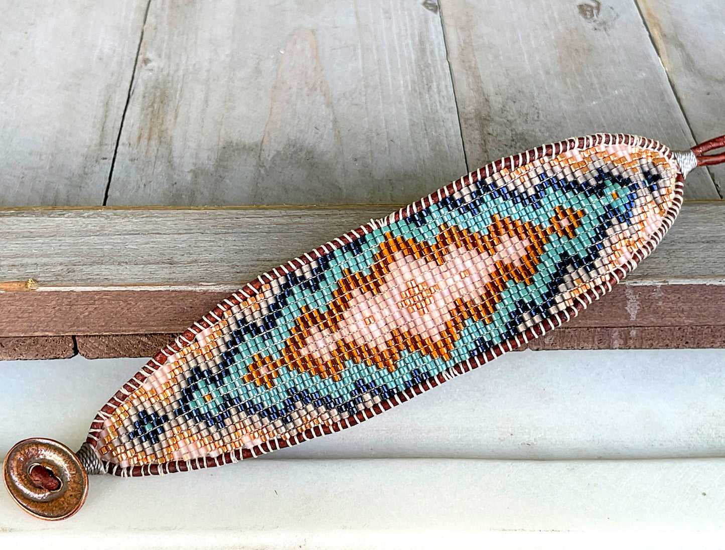 Copper Gray Navy and Blush Tribal Expanded Diamond beaded friendship bracelet