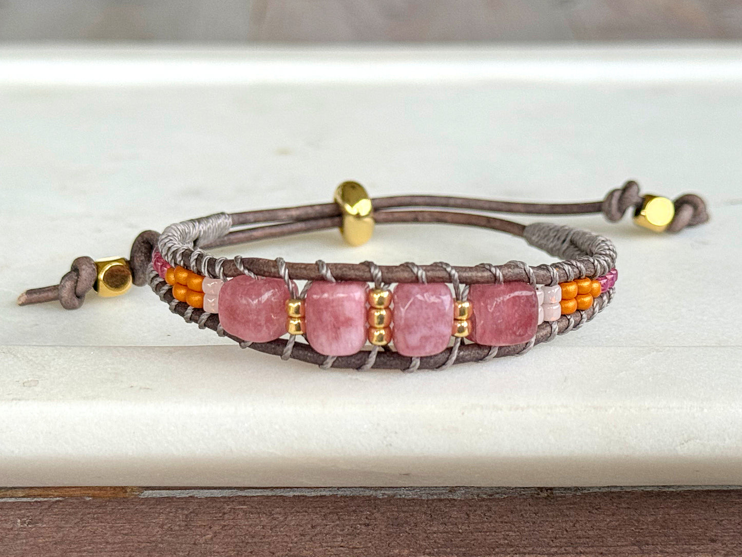 Peony Pink, Purple, and Gold Slide Adjustable Beaded Macrame Bracelet Set