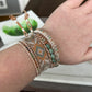 Sage, neutral, and copper starburst Western Geometric Loom and Macrame Bracelet stack set