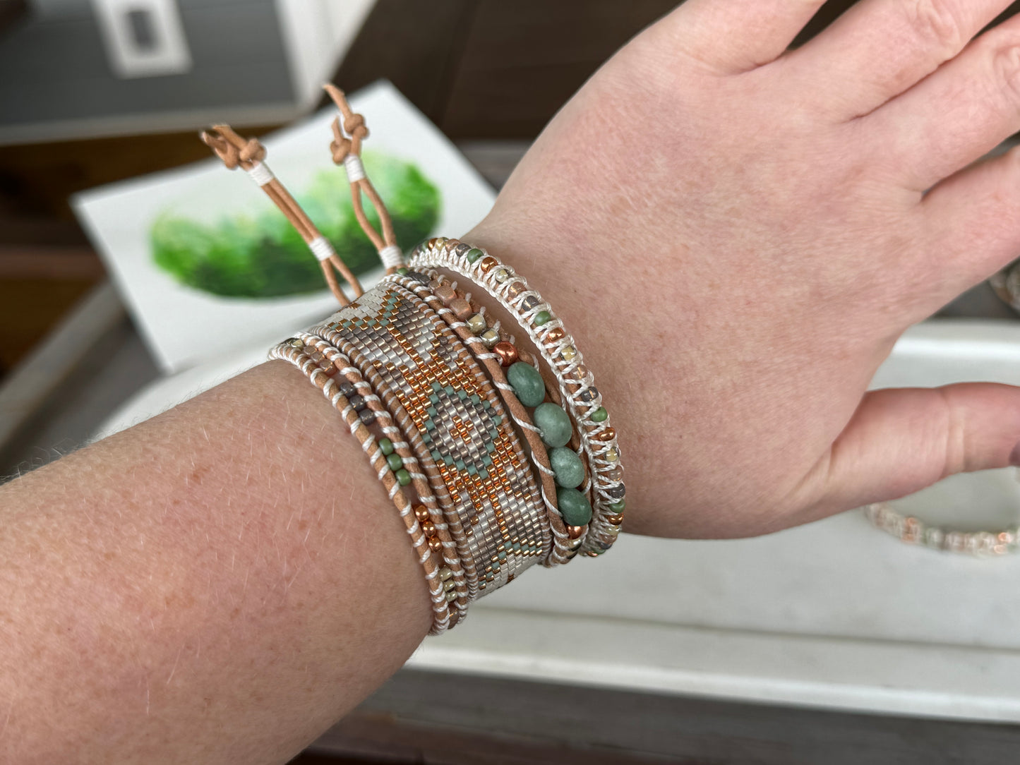 Sage, neutral, and copper starburst Western Geometric Loom and Macrame Bracelet stack set