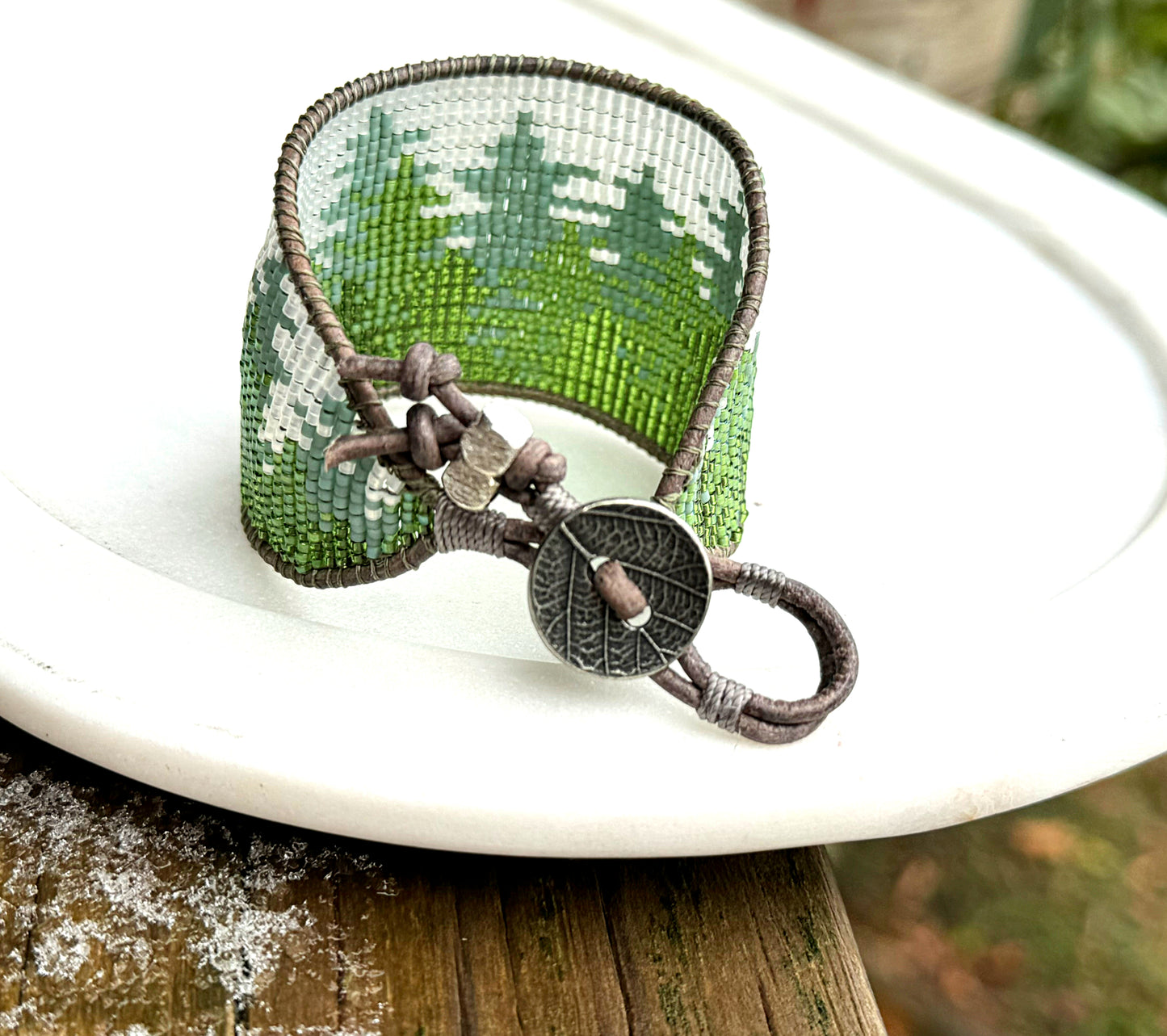 Into the Forest Evergreen Bead Loom Woven Wide Cuff Bracelet with Leather Trim