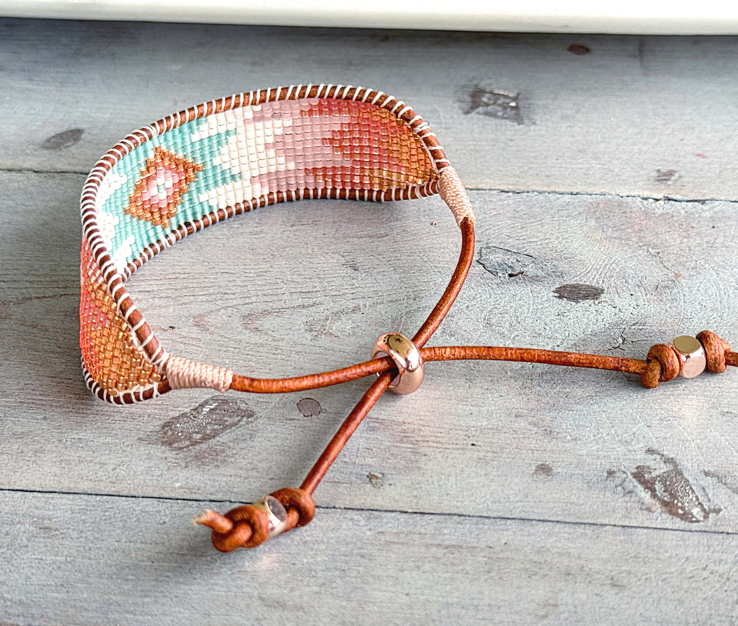 Blush Rose, Sea Glass and Rose gold Starburst Beaded Western Loom Bracelet