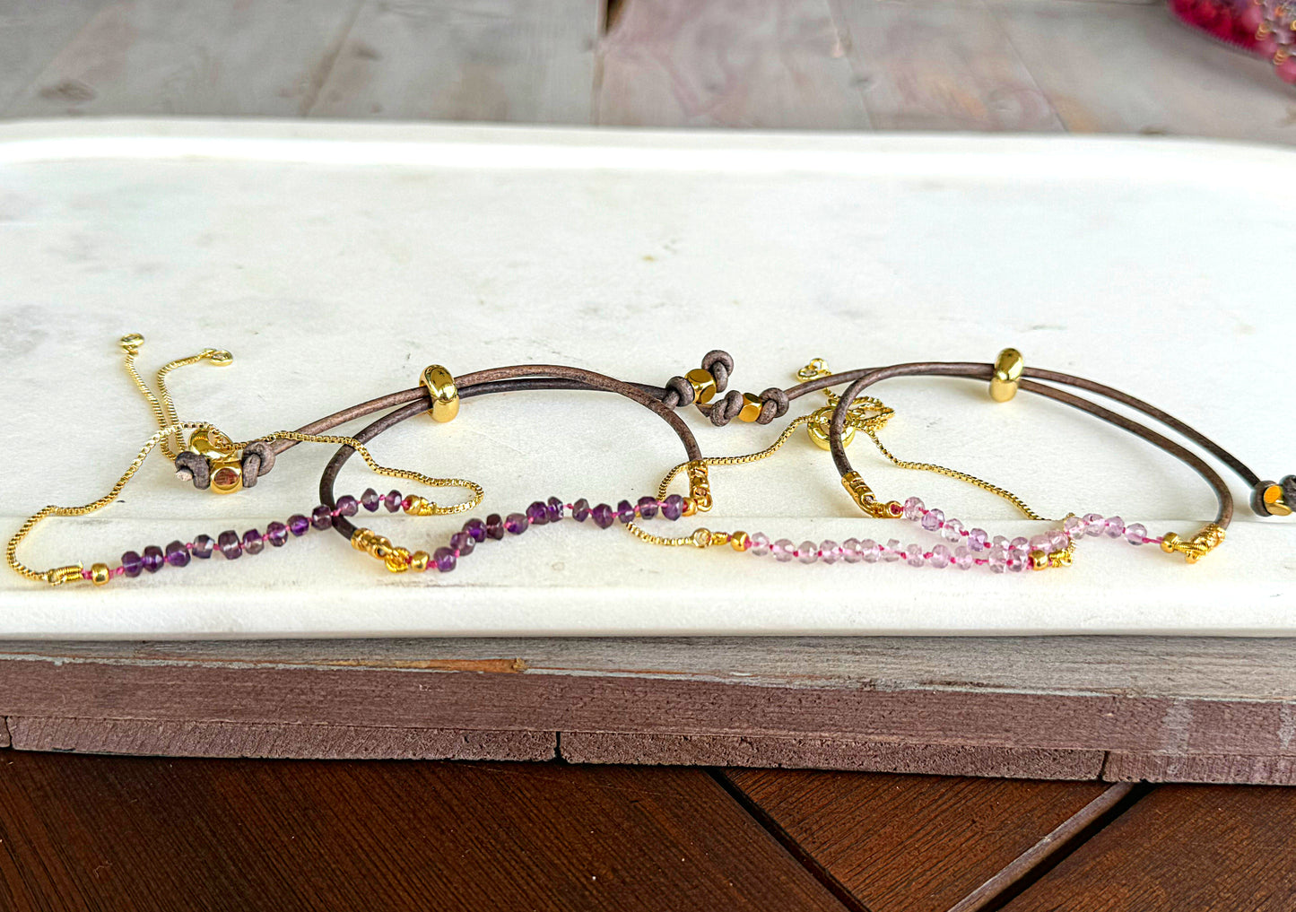 Amethyst and slide adjustable chain or leather stack bracelet