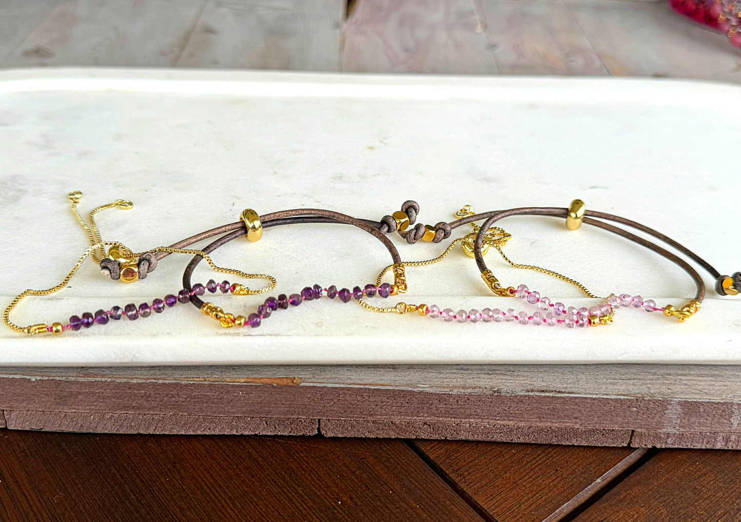 Pink Amethyst and slide adjustable chain or leather stack bracelet