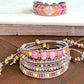 Peony Pink, Purple, and Gold Geometric Arrow Loom and Macrame Bracelet stack set