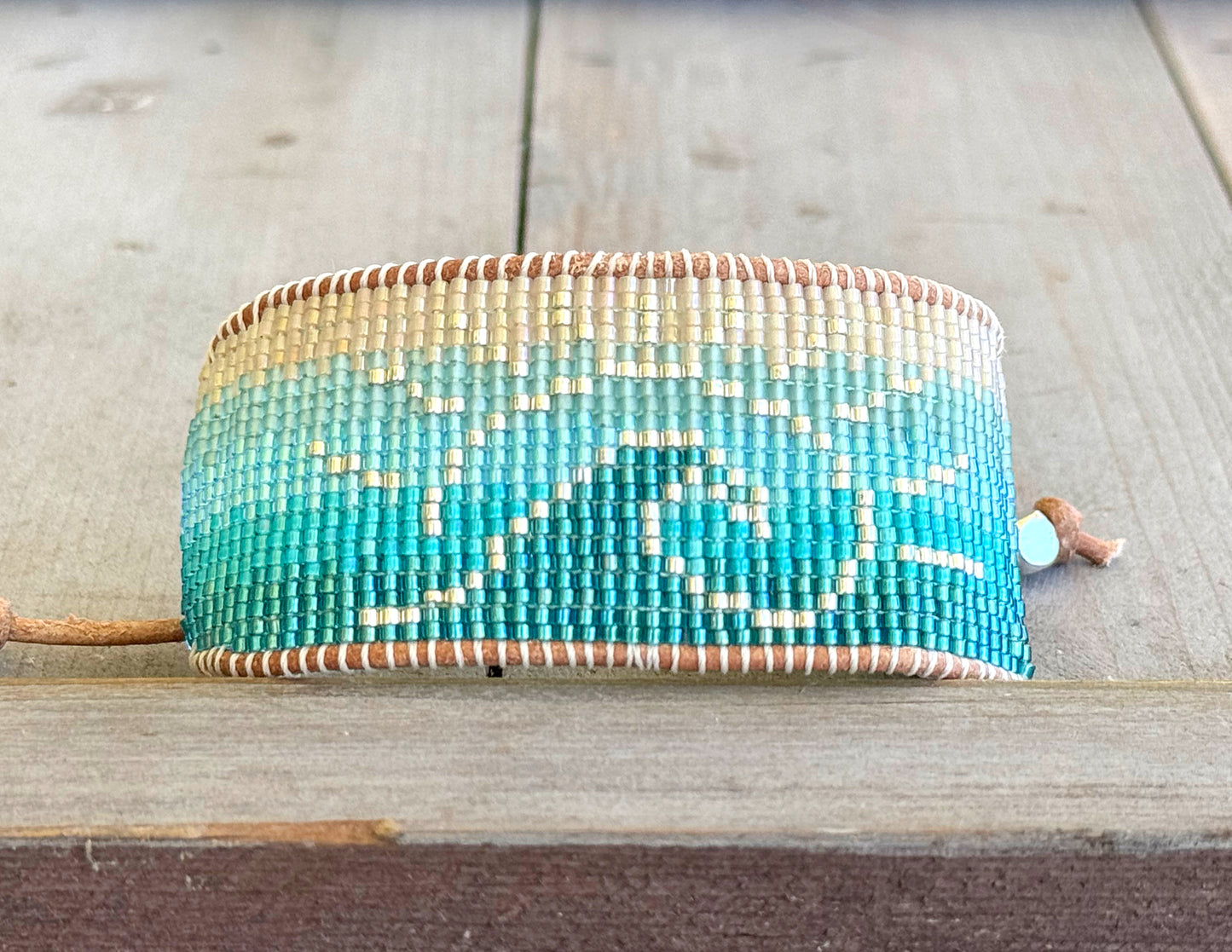 Beachy Wave and Sun Blue Faded Bead Loom Woven Slide Adjustable Bracelet