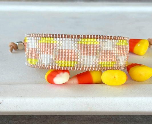 Faded Candy Corn Bead Loom Cuff bracelet, Halloween seed bead bracelet