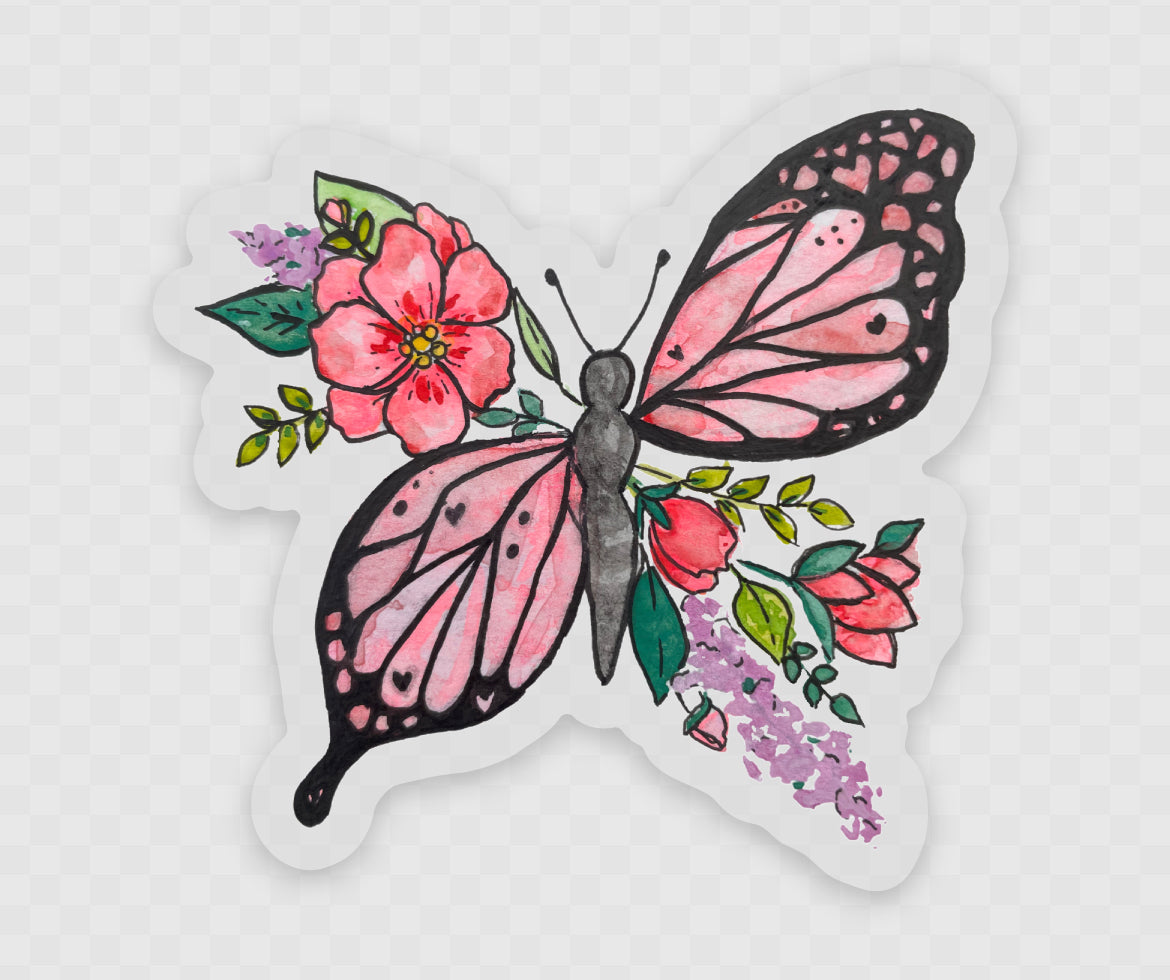 Butterfly Floral Watercolor Waterproof Vinyl Sticker butterfly sticker, bumper sticker, sticker for water bottle pink butterfly sticker