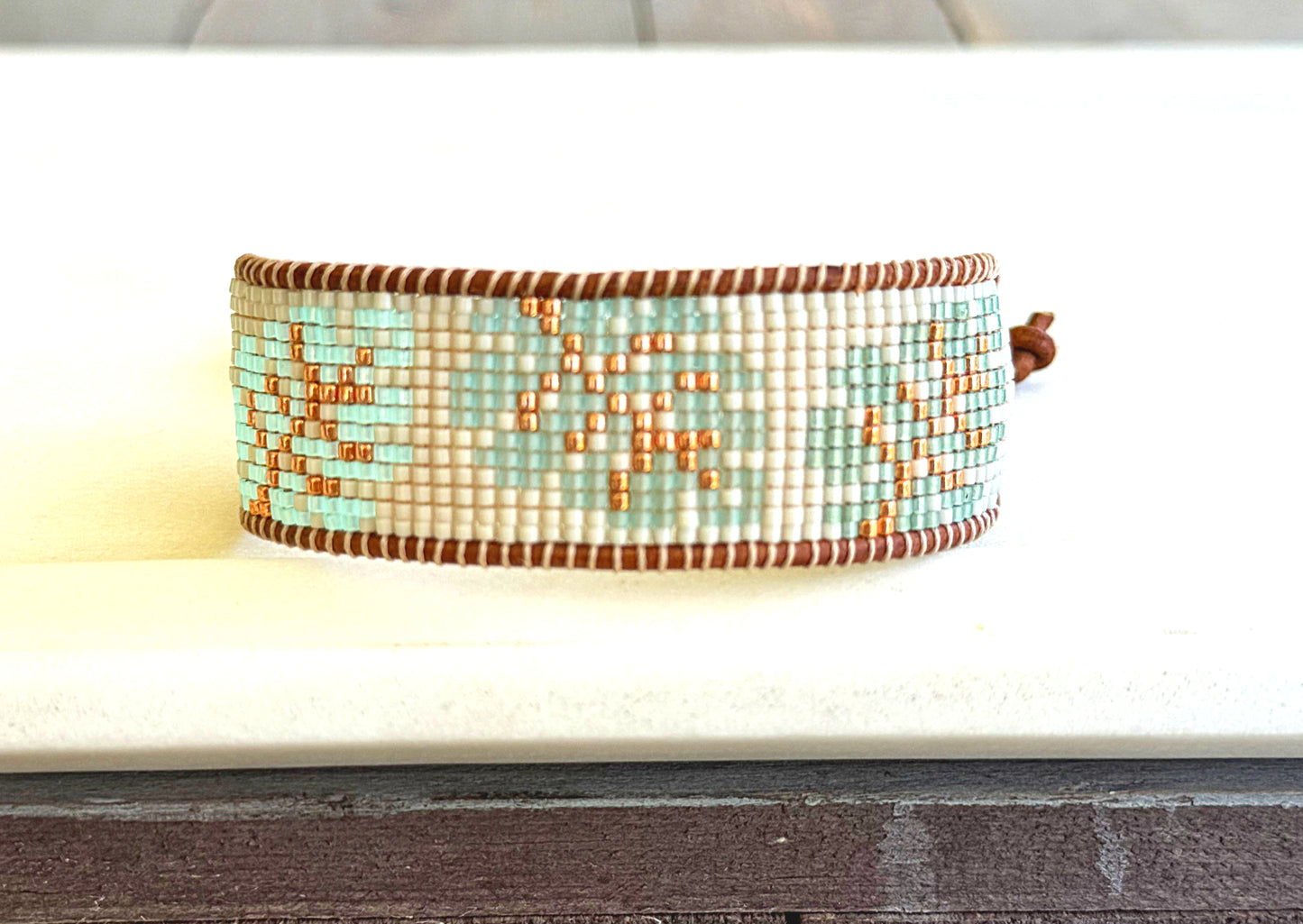 Monstera Palm Leaf Bead Loom Woven Adjustable Leather trim Bracelet