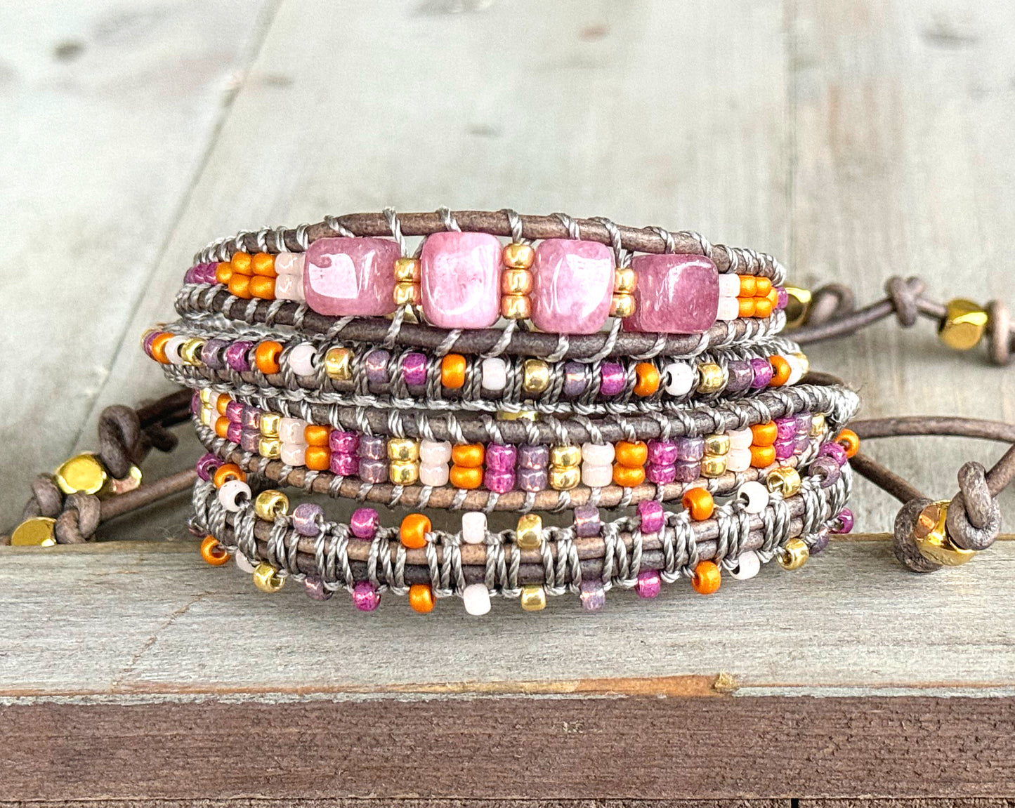 Peony Pink, Purple, and Gold Slide Adjustable Beaded Macrame Bracelet Set