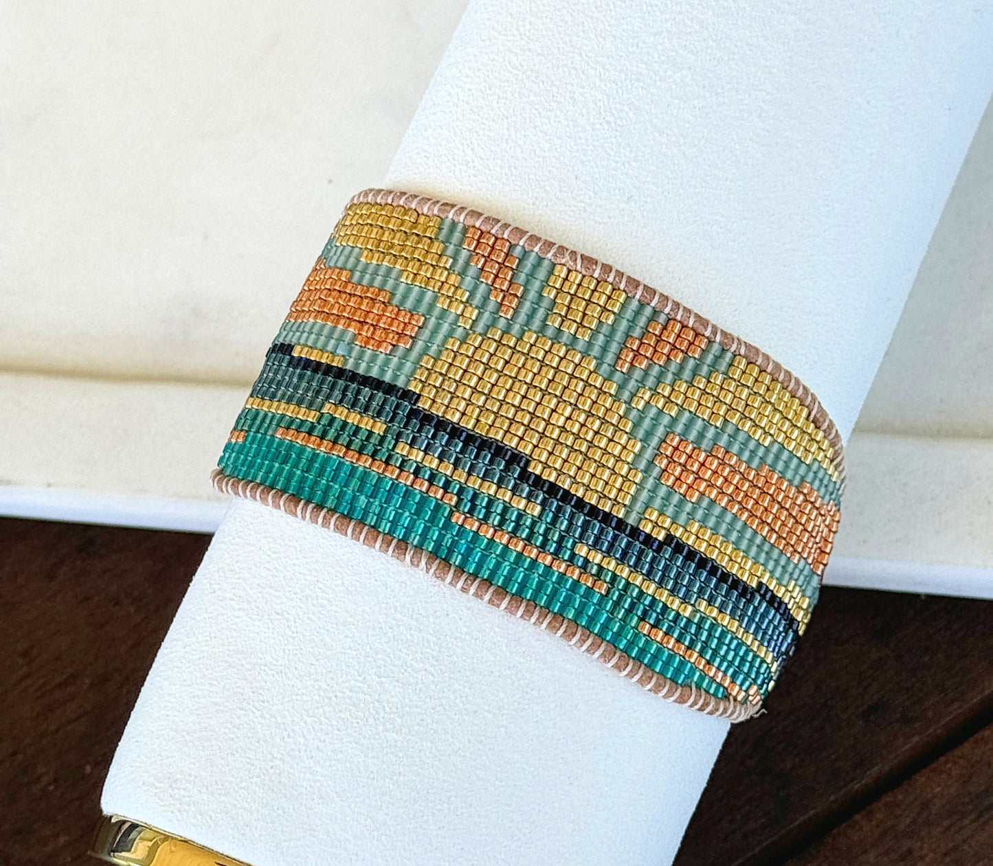 Golden Sun Over Waves Bead Loom Woven Bracelet with Slide adjustable Clasp and Leather Trim