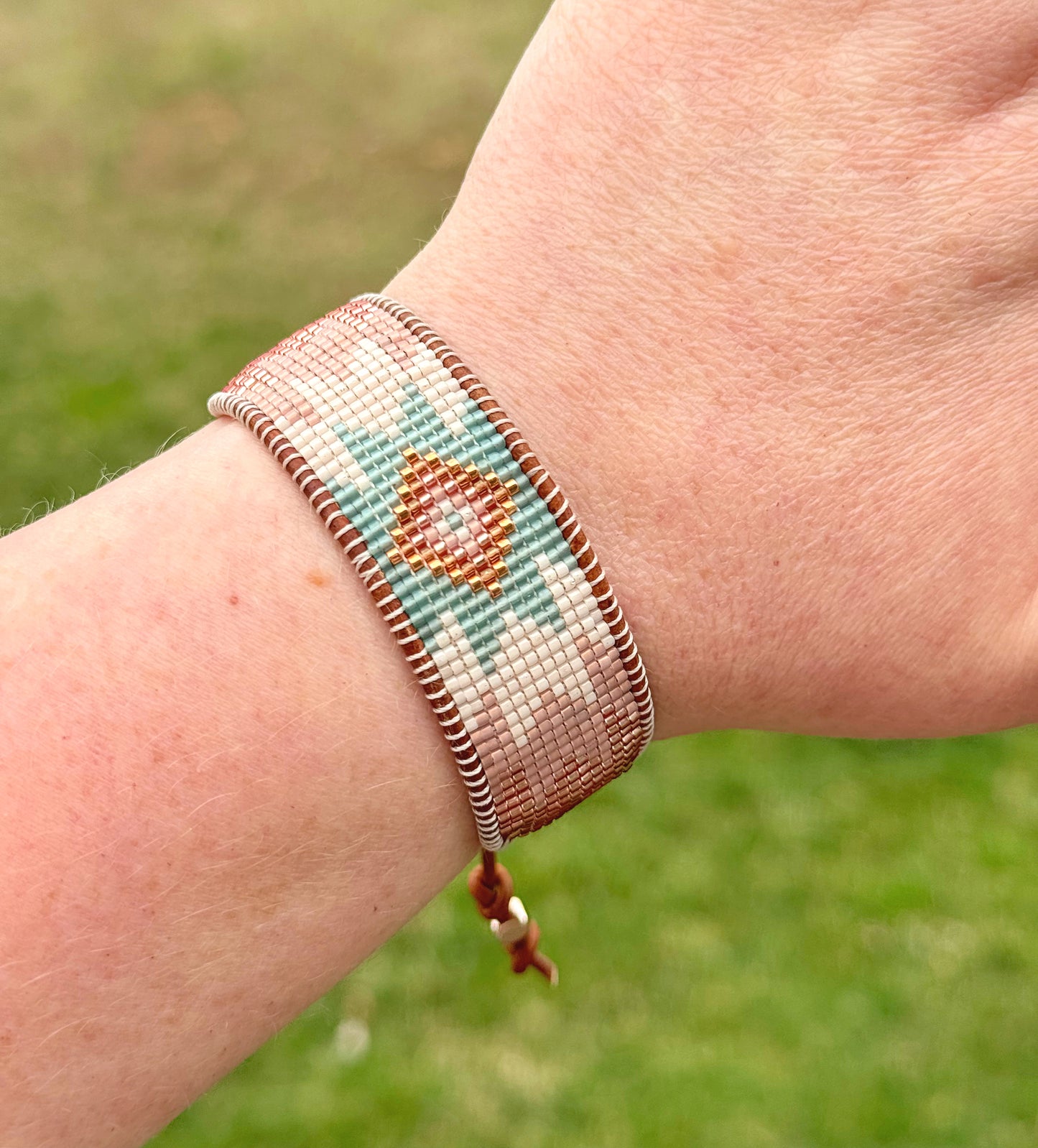 Blush Rose, Sea Glass and Rose gold Starburst Beaded Western Loom Bracelet