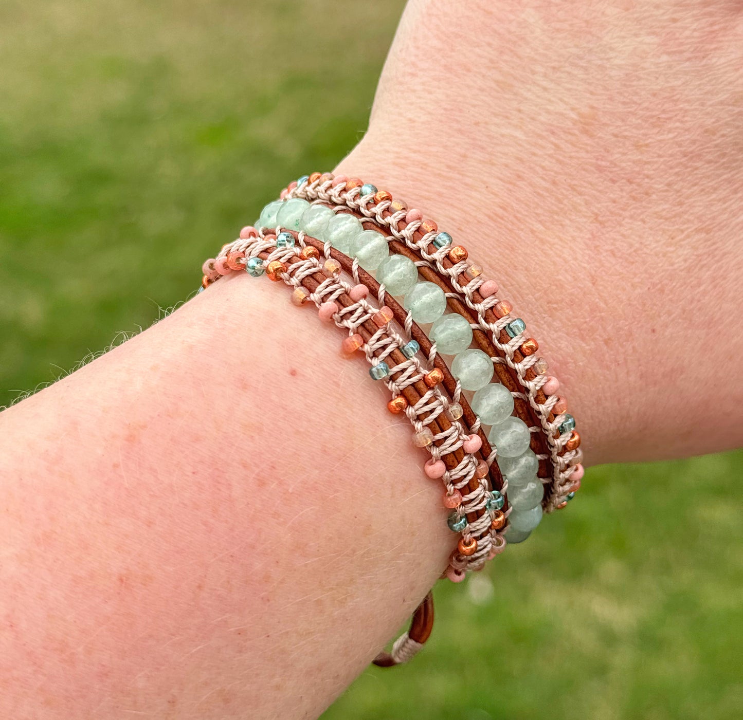 Sea glass Jade and Blush Rose Macrame Wrap bracelet