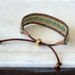 Gold, Green, and Tan Western bead loom woven adjustable leather bracelet