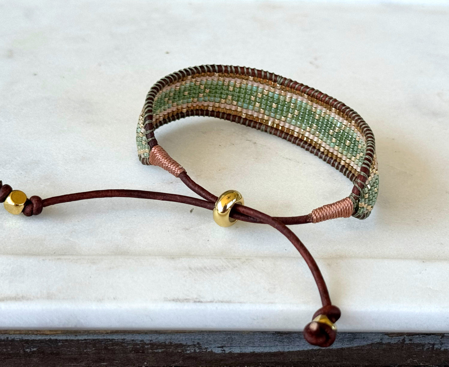 Gold, Green, and Tan Western bead loom woven adjustable leather bracelet