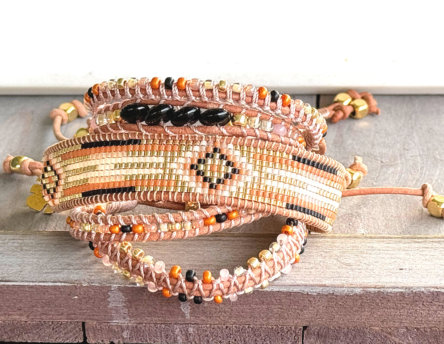 Black, Honey Tan, and Gold starburst Western Geometric Loom and Macrame Bracelet stack set